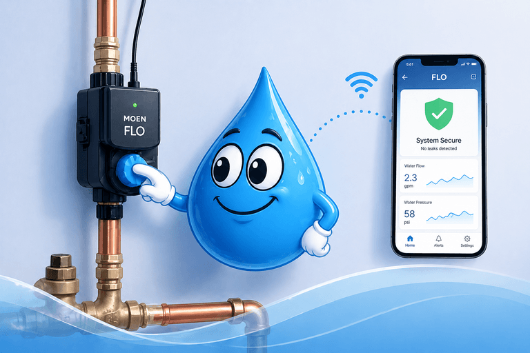Moen Flo smart water monitor system showing home protection with shield icon and water usage dashboard
