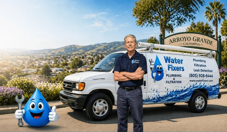 Plumber in Arroyo Grande CA with Water Fixers service van for emergency plumbing and leak detection