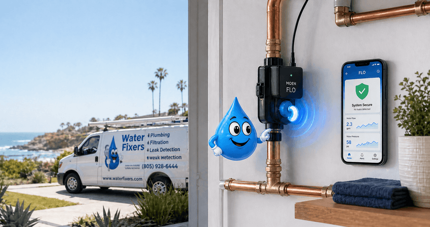 Professional plumber installing a smart water shutoff valve on a main water line