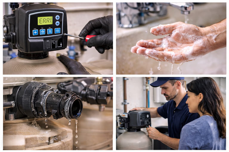 Composite image showing water softener repair issues including an error display, weak soap lather, a leaking softener connection, and a technician evaluating a system with a homeowner