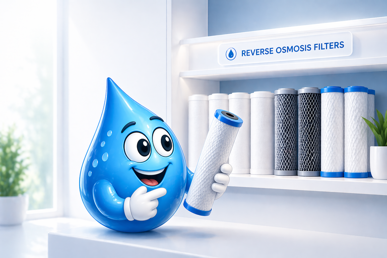 Friendly blue water drop mascot holding a reverse osmosis filter cartridge in front of RO filter system