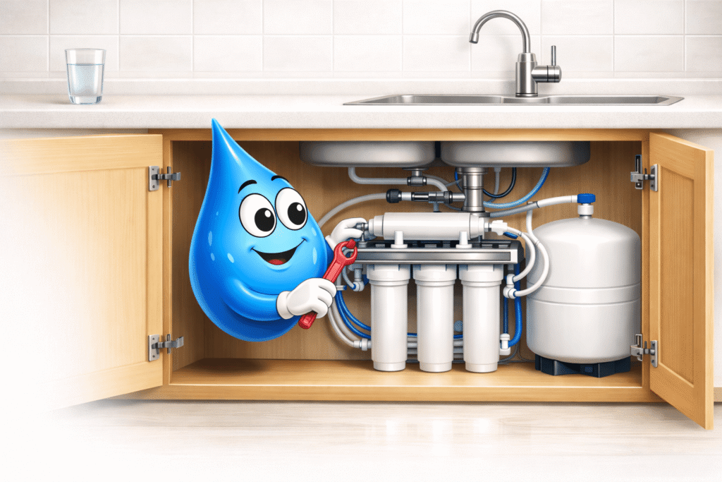 Water Fixers Drop Guy installing a reverse osmosis system under a kitchen sink