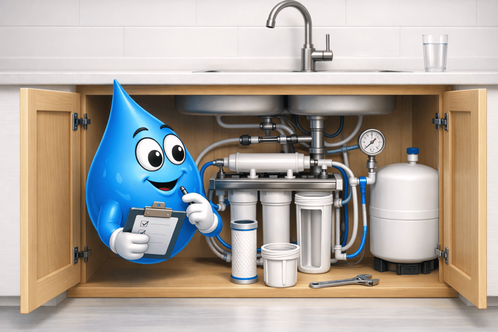Water Fixers Drop Guy troubleshooting an under-sink reverse osmosis system