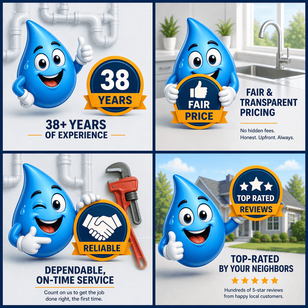 Water droplet mascot with trust badges showing 38 years experience, fair pricing, reliable service, and top rated reviews for reverse osmosis installation in Santa Maria