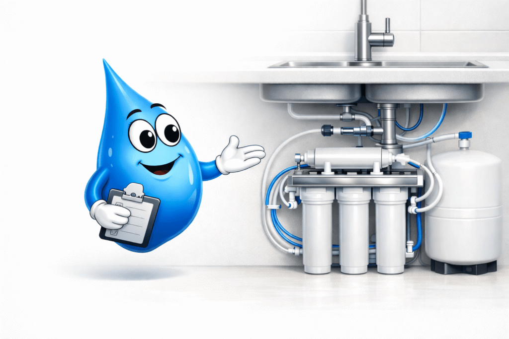 Water Fixers Drop Guy presenting a professionally installed reverse osmosis system