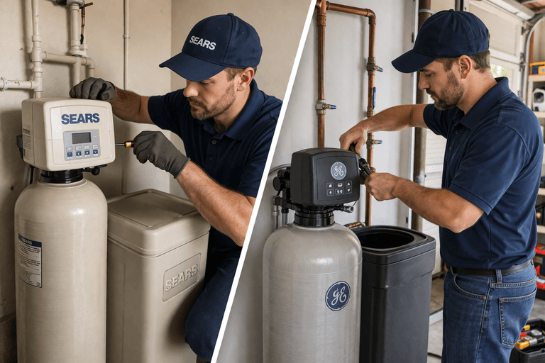 Technician servicing SEARS and GE water softener systems in a split-image utility room scene
