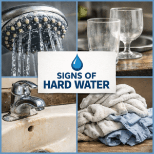 Common signs of hard water including mineral buildup on a showerhead, cloudy glassware, faucet residue, and stiff laundry