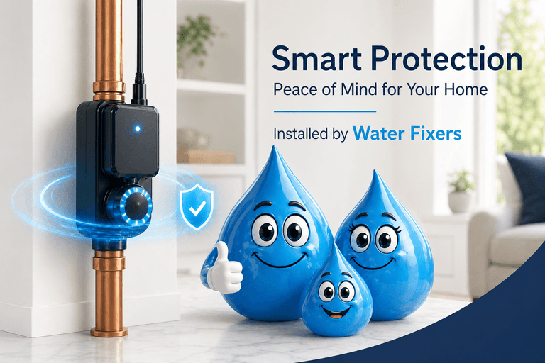 Smart water shutoff device with Water Fixers droplet mascots representing leak detection and home water protection.