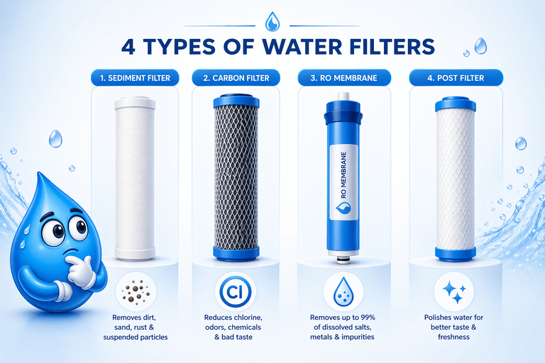 Modern infographic explaining four stages of water filtration: sediment filter (removes particles), carbon filter (reduces chlorine), reverse osmosis membrane (removes dissolved contaminants), and post filter (improves taste).