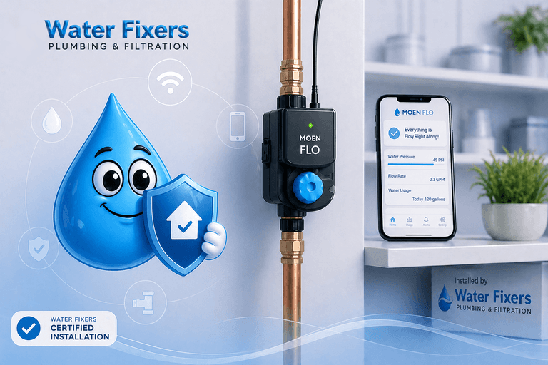 Water Fixers certified Moen Flo smart water shutoff installation graphic with copper plumbing, leak detection app, and Drop Guy mascot.