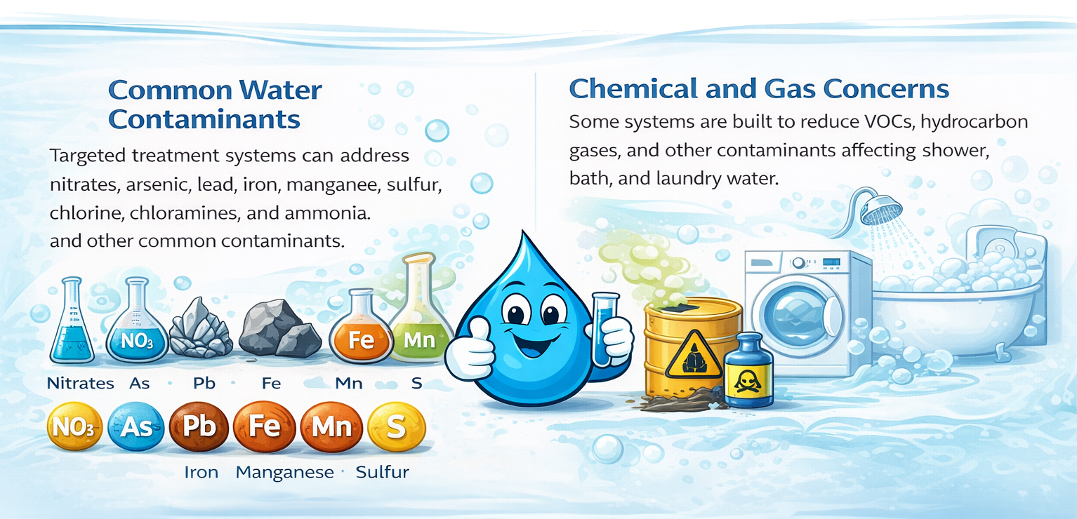 Water Fixers infographic showing common water contaminants and chemical or gas concerns that targeted treatment systems can address