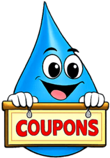Water Fixers coupon mascot holding a coupons sign