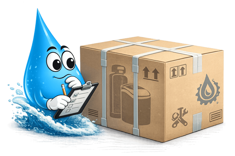 Water Fixers Drop Guy inspecting a customer-supplied water softener shipping box
