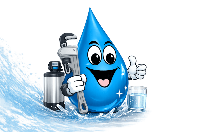 Water Fixers Drop Guy mascot beside a water softener system and glass of clear water with a splash accent.