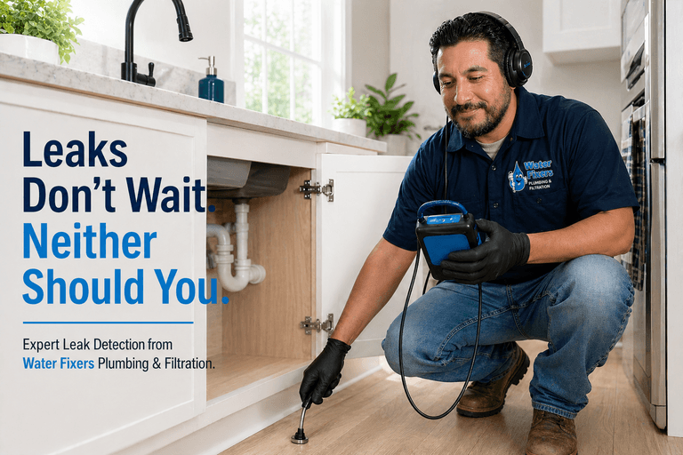 Water Fixers plumber performing leak detection under kitchen sink using professional equipment in a Santa Maria home