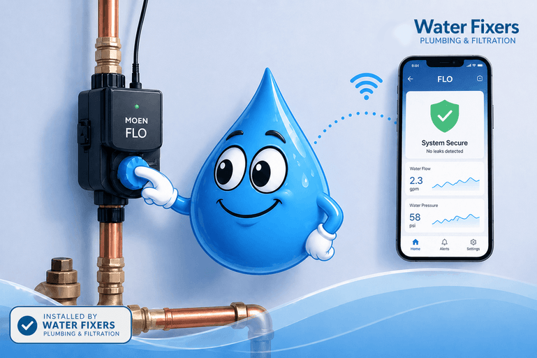 Water Fixers Plumbing & Filtration Moen Flo smart water shutoff installation graphic with leak detection app and Drop Guy mascot.