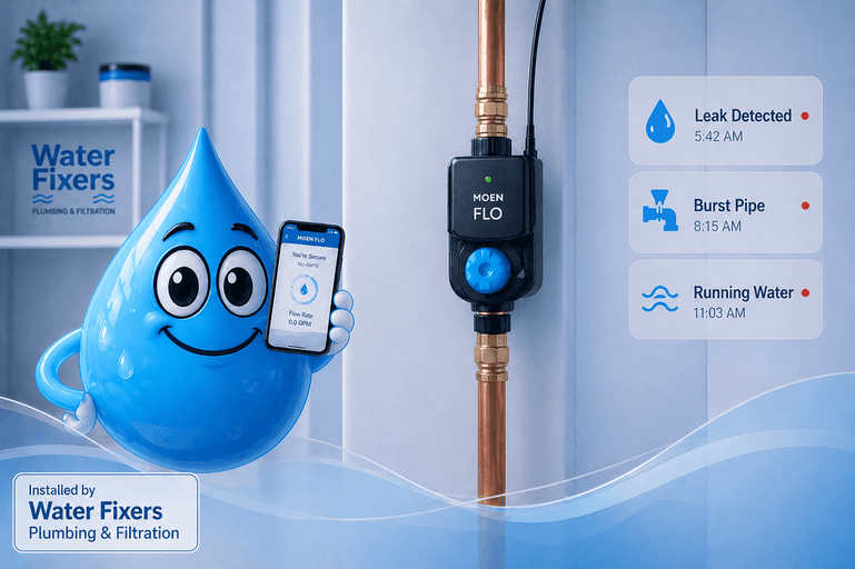 Water Fixers Plumbing & Filtration Moen Flo smart water shutoff installation graphic with leak detection alerts and blue water droplet mascot.