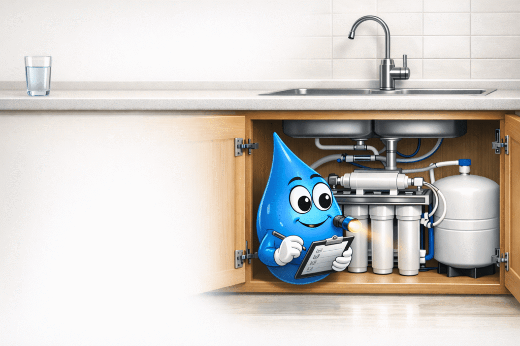 Water Fixers Drop Guy servicing an under-sink reverse osmosis system in a clean kitchen