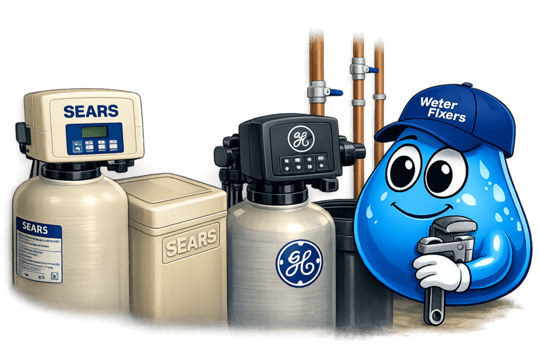 Cartoon-style Water Fixers image showing SEARS and GE water softener systems with Drop Guy