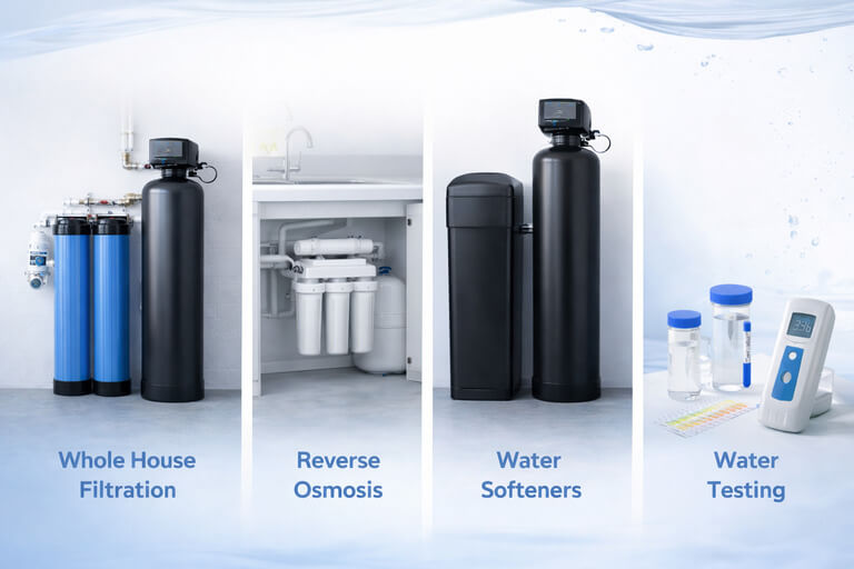 Water treatment service showcase featuring whole house filtration, reverse osmosis, water softeners, and water testing