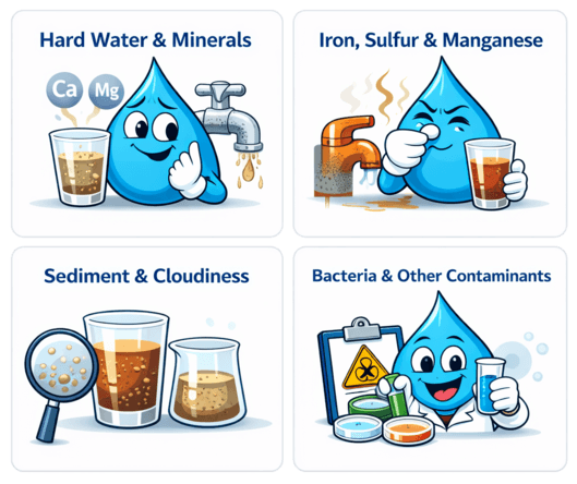 Four-panel Water Fixers infographic showing hard water and minerals, iron sulfur and manganese, sediment and cloudiness, and bacteria and other contaminants