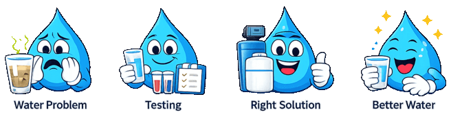 Water Fixers process graphic showing a water problem, testing, the right solution, and better water