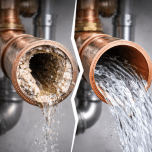 Split image showing pipe interior before and after water softener use, with mineral buildup restricting flow on one side and a clean smooth pipe on the other