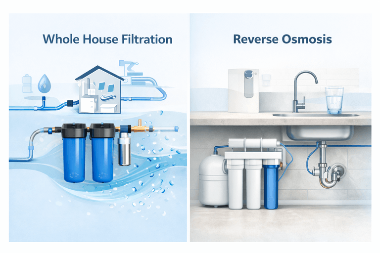 Comparison graphic showing whole house water filtration and reverse osmosis systems for household water treatment and drinking water purification