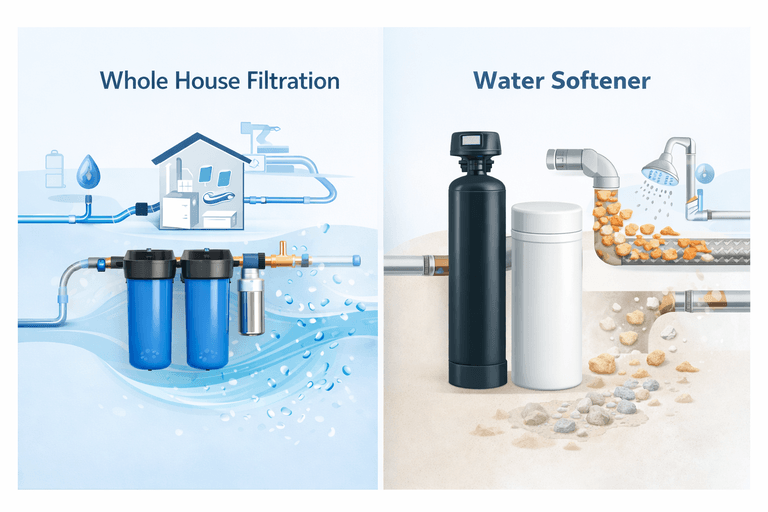 Comparison graphic showing whole house water filtration on one side and a water softener on the other for whole-home water treatment