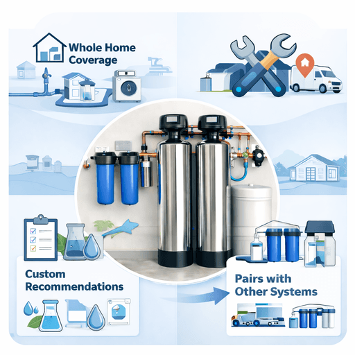Illustrated whole house water filtration benefits graphic showing home-wide coverage, professional installation, custom system planning, and compatibility with other water treatment systems