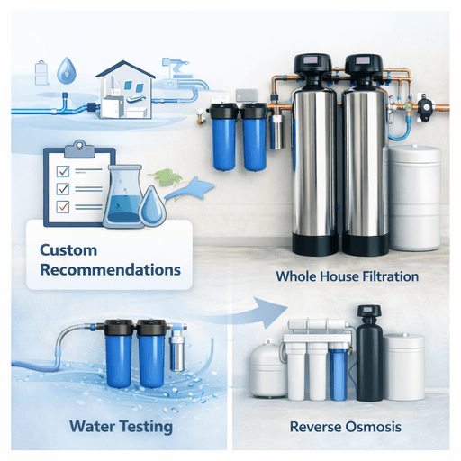 Whole house water filtration recommendation graphic showing system selection, water quality concerns, and related treatment options