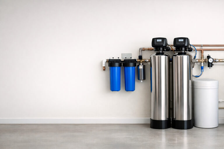 Professionally installed whole house water filtration system in a clean residential utility space