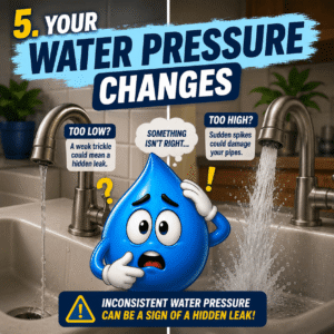 Blue water droplet mascot between two faucets showing weak and strong water pressure changes caused by possible plumbing issues.