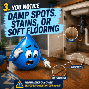Blue water droplet mascot pointing at damp flooring, water stains, and water damage near a leaking kitchen sink cabinet.
