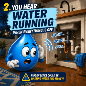 Blue water droplet mascot listening to dripping pipes under a kitchen sink while warning about hearing water running when everything is turned off.