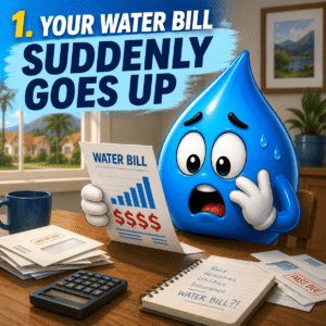 Cartoon blue water droplet mascot shocked while looking at a high water bill at a kitchen table, warning about hidden plumbing leaks causing increased water bills.
