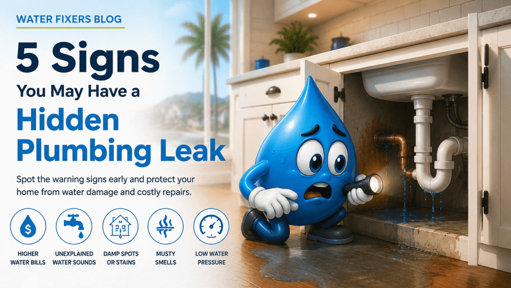 Water Fixers Drop Guy discovering a hidden plumbing leak under a kitchen sink in a Central Coast home