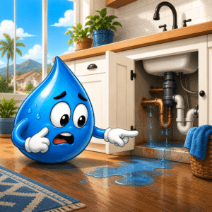 Water Fixers Drop Guy discovering a hidden plumbing leak under a kitchen sink in a Central Coast home