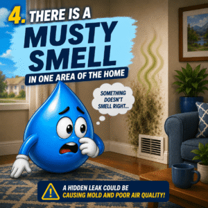 Blue water droplet mascot reacting to a musty smell and mold growth on a wall caused by a hidden plumbing leak.