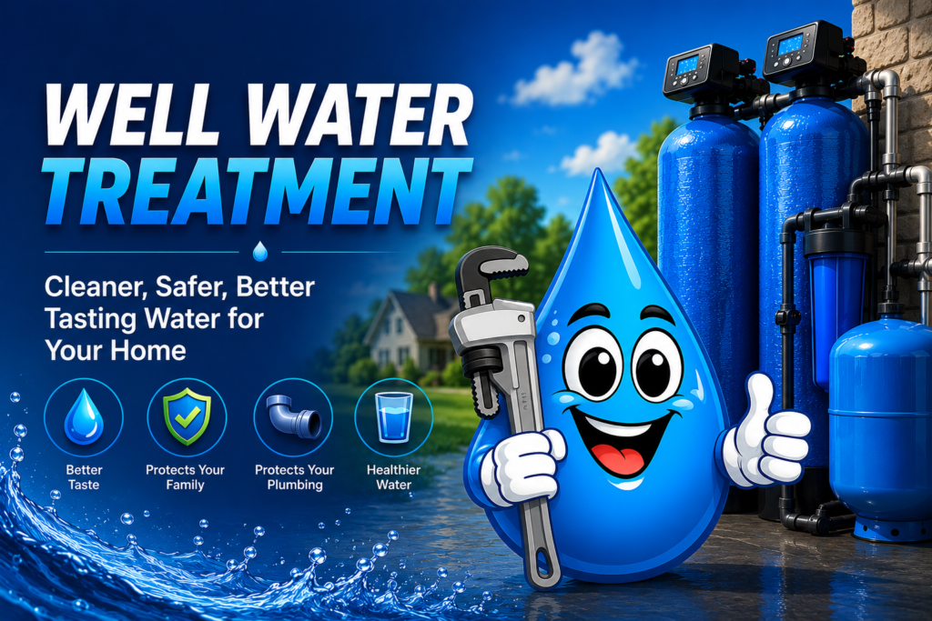 Water Fixers water drop mascot beside a whole-home well water treatment filtration system.