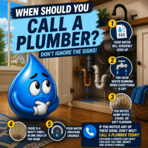 Infographic showing common hidden leak warning signs with a blue water droplet mascot explaining when homeowners should call a plumber.