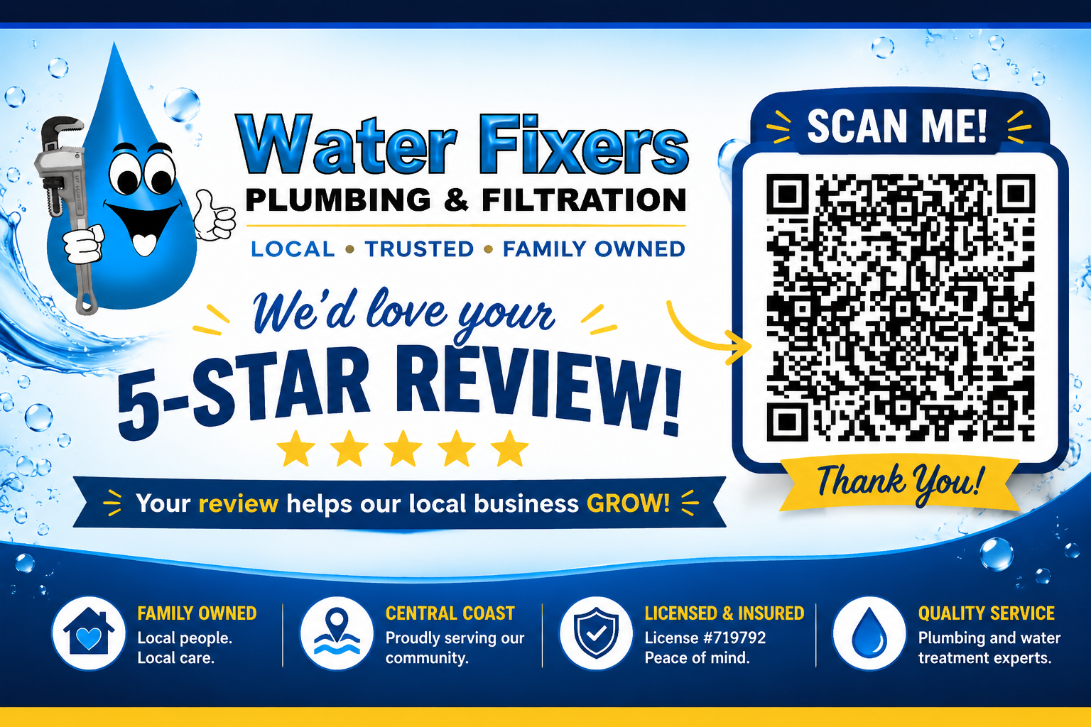 Alt text: Water Fixers Plumbing & Filtration Google review QR code banner with water drop mascot, 5-star review request, and phone number 805-928-6444.