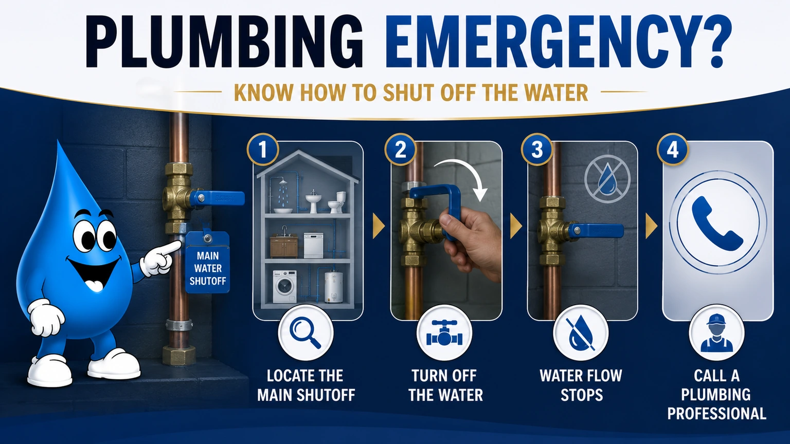 Water Fixers guide showing how to locate and close the main water shutoff during a plumbing emergency.