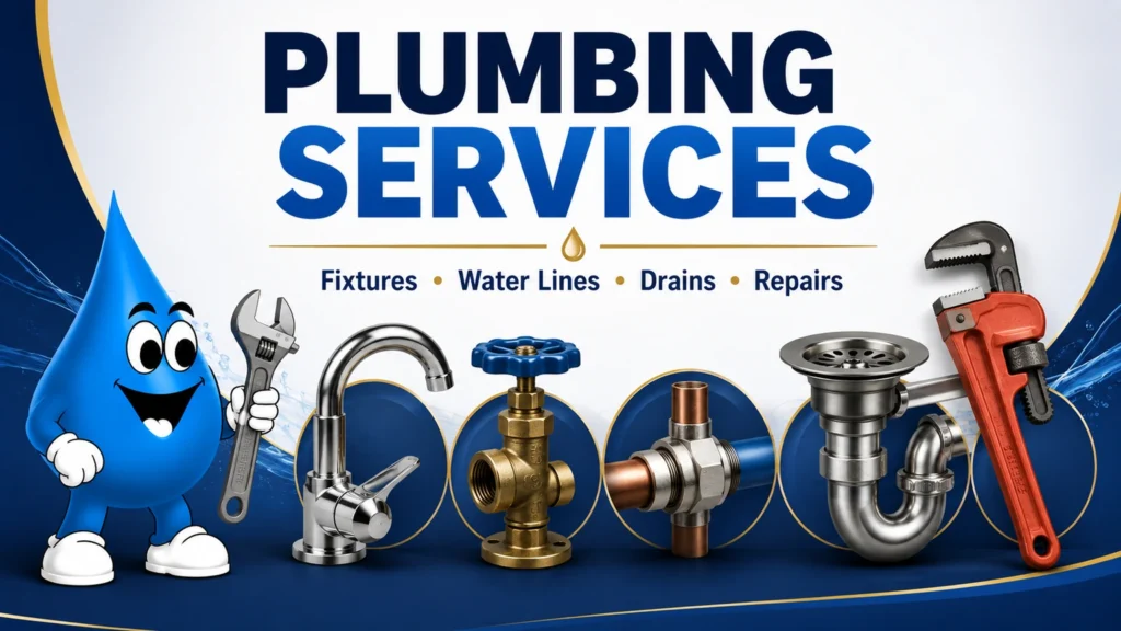 Plumbing fixtures, valves, drains and tools representing Water Fixers services