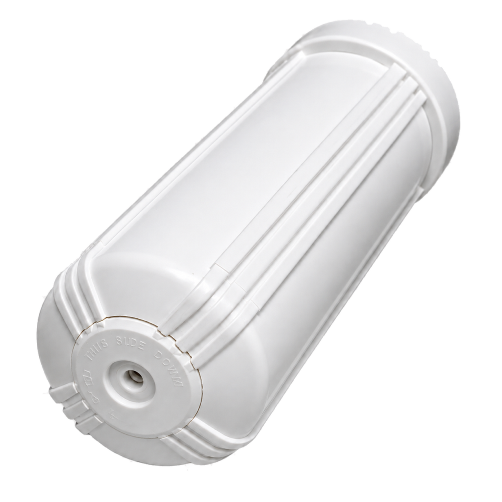 White reverse osmosis filter housing with a leak-risk crack