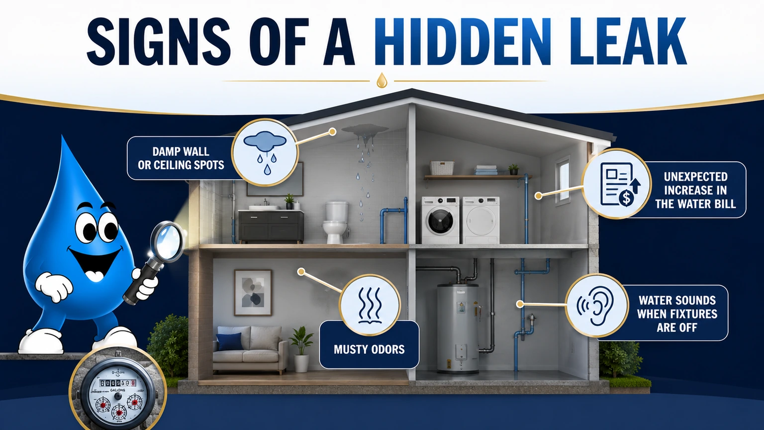 Water Fixers guide showing possible signs of a hidden leak, including damp spots, higher bills, musty odors, and water sounds.