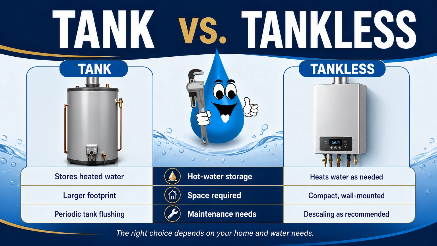 Comparison of a traditional tank water heater and a wall-mounted tankless water heater.