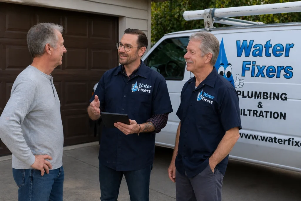 Two Water Fixers team members speaking with a customer beside a service van