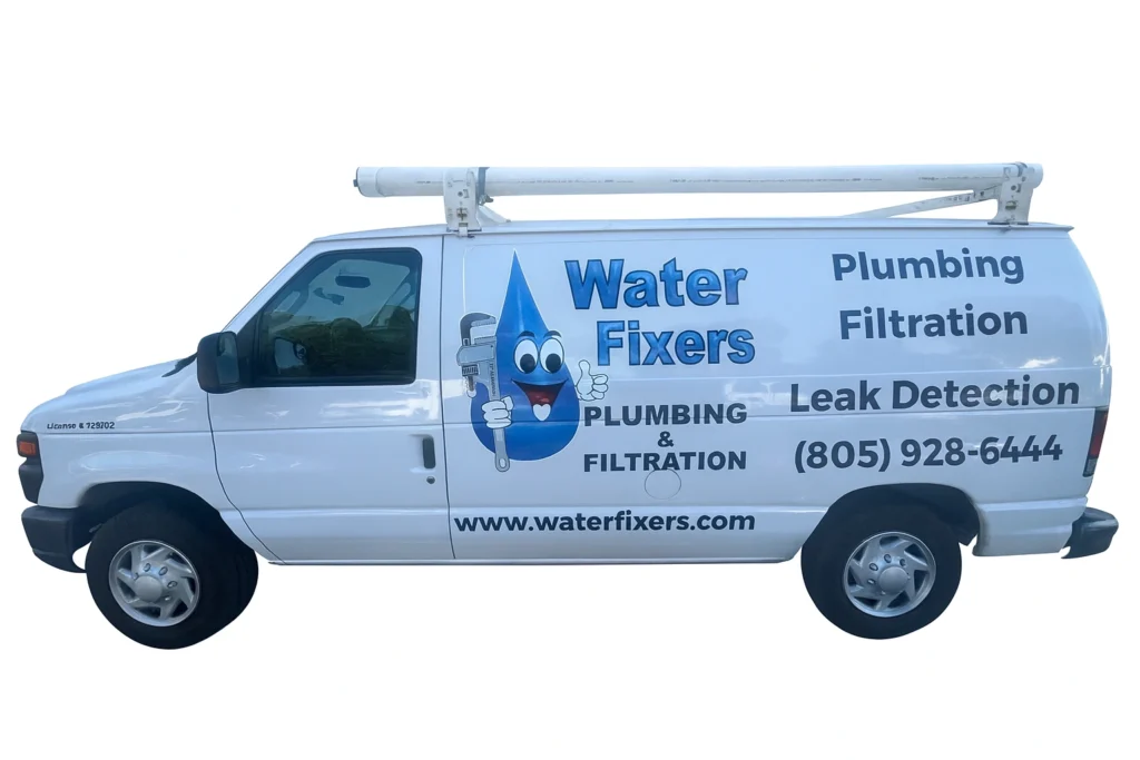 Side view of a Water Fixers plumbing and filtration service van