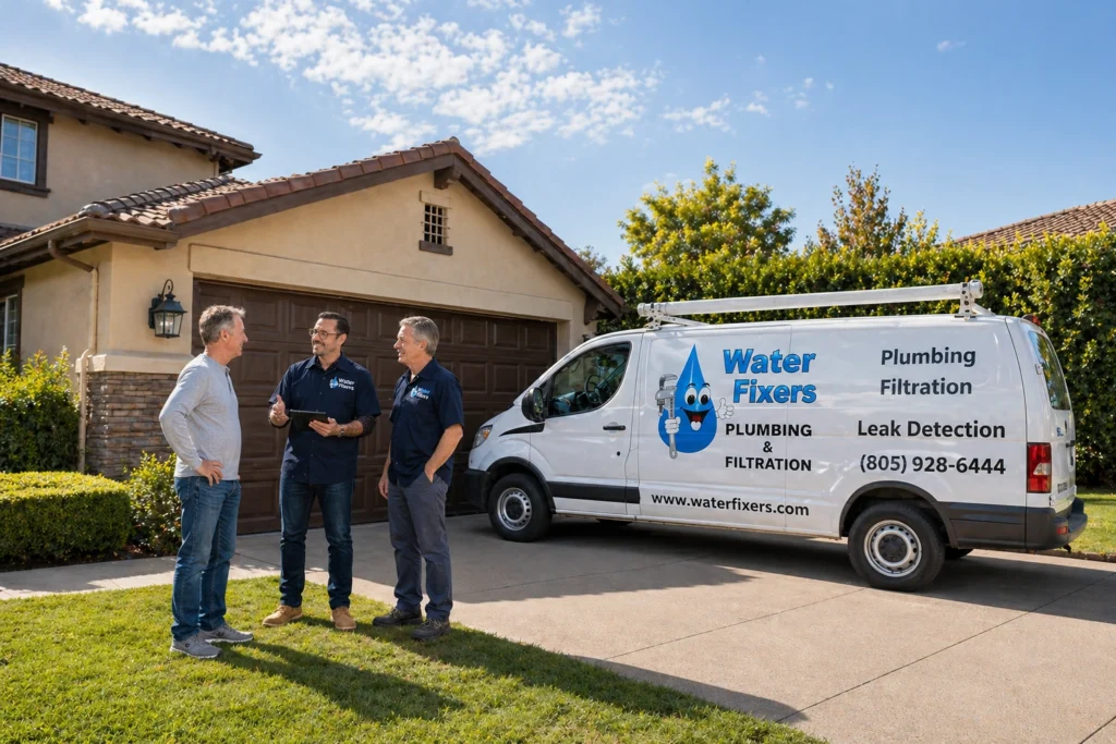 Water Fixers team members speaking with a customer beside a service van